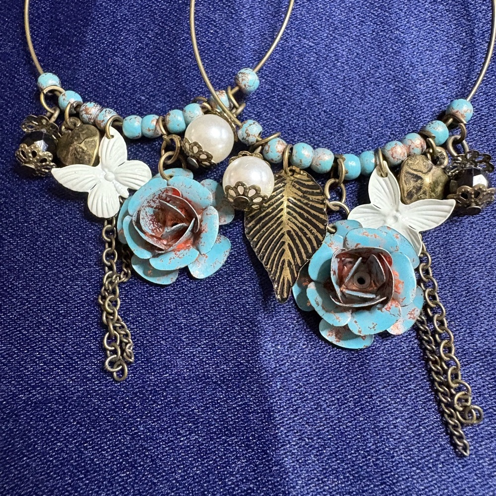 SOLD Earrings Large Hoop Dangle With Charms Rose Floral - Picture 4 of 4